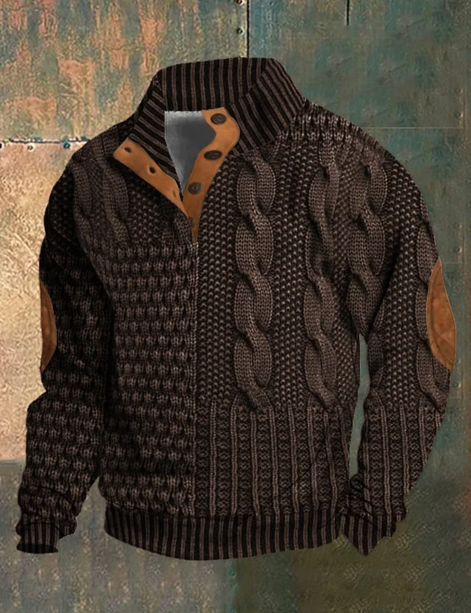Giacca in maglia marrone scuro con motivo a trecce, dettagli in pelle scamosciata sui gomiti, chiusura a bottoni, ideale per moda autunno-inverno.