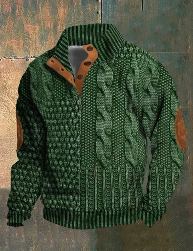 Giacca in maglia verde con motivo a trecce, colletto alto, dettagli in pelle marrone, design elegante e caldo, ideale per moda autunnale e invernale.