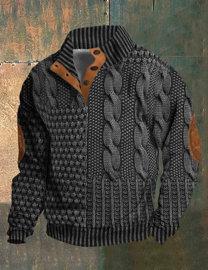 Giacca invernale uomo, maglia intrecciata grigia, dettagli in pelle marrone, design patchwork, moda casual, calda e confortevole.