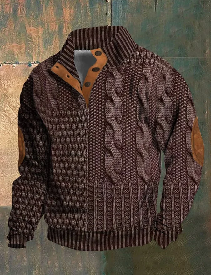 Giacca in maglia marrone con motivo a trecce, dettagli in pelle scamosciata, chiusura a bottoni, ideale per moda autunno inverno uomo.