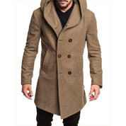 Cappotto uomo invernale marrone con cappuccio, doppio petto, elegante e caldo, perfetto per moda autunnale e invernale.