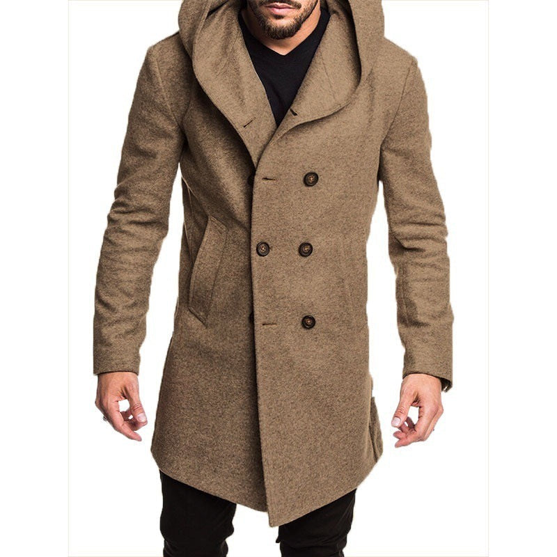 Cappotto uomo invernale marrone con cappuccio, doppio petto, elegante e caldo, perfetto per moda autunnale e invernale.