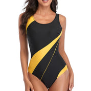 Costume intero donna nero e giallo, design sportivo, senza maniche, perfetto per nuoto e spiaggia. Tessuto elastico e confortevole.