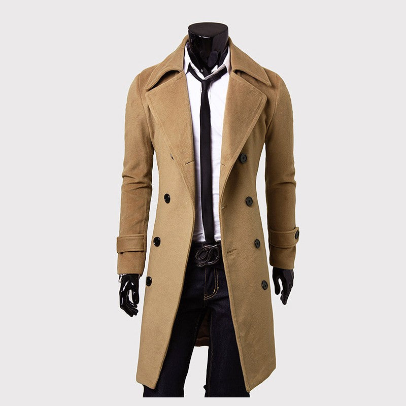 Cappotto trench uomo beige, doppio petto, elegante, con cintura, perfetto per autunno e inverno. Stile classico, moda maschile.