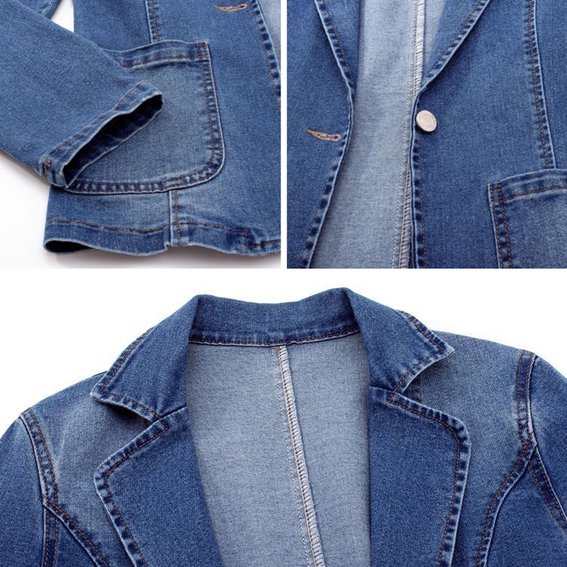 Giacca in denim blu per donna, design casual con tasche frontali e bottoni, cuciture a vista, ideale per look moda autunnale.