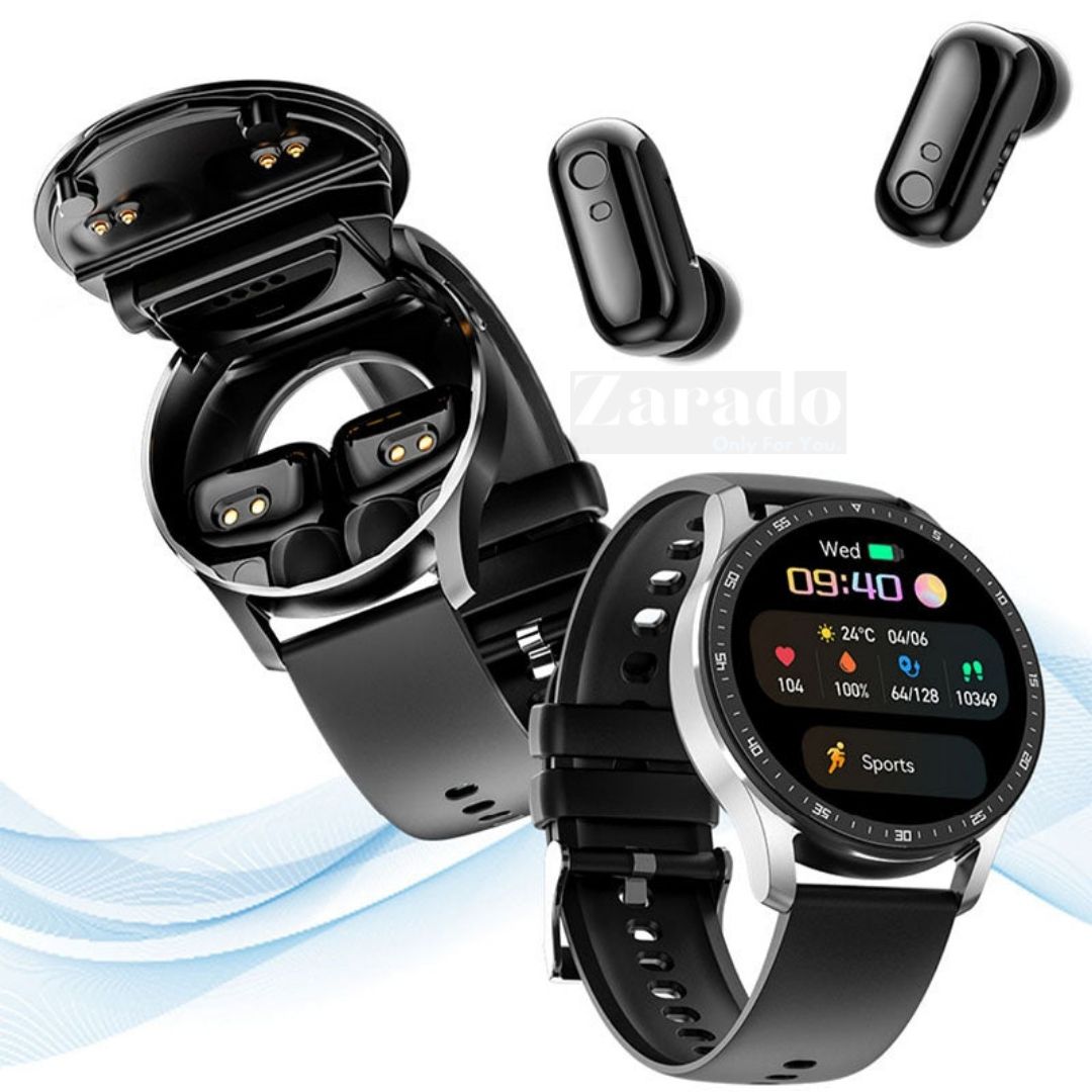 Orologio smart nero con display a colori, cinturino regolabile e auricolari wireless integrati. Tecnologia indossabile avanzata.