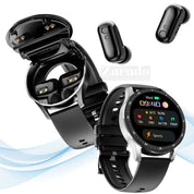 Orologio smart nero con display a colori, cinturino regolabile e auricolari wireless integrati. Tecnologia indossabile avanzata.