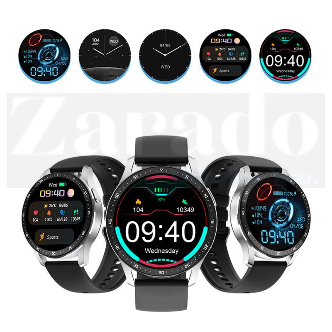 Orologio smart nero con display digitale, quadrante rotondo, cinturino in silicone, funzioni fitness e notifiche. Design moderno e multifunzione.