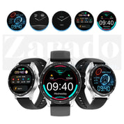 Orologio smart nero con display digitale, quadrante rotondo, cinturino in silicone, funzioni fitness e notifiche. Design moderno e multifunzione.