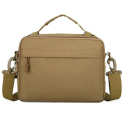 Borsa a tracolla beige per laptop, design moderno e resistente, con manico superiore e tasca frontale. Ideale per lavoro e viaggio.