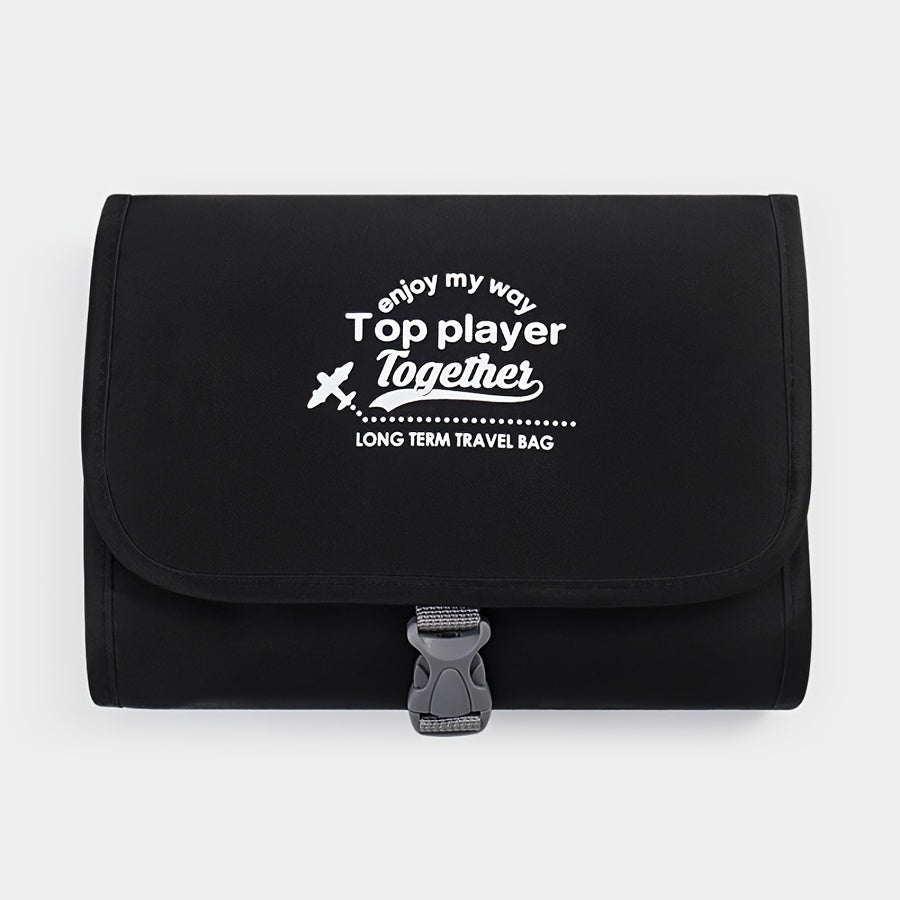 Borsa da viaggio nera con scritta bianca "Top player Together", chiusura a fibbia, design compatto. Accessorio ideale per viaggi lunghi.