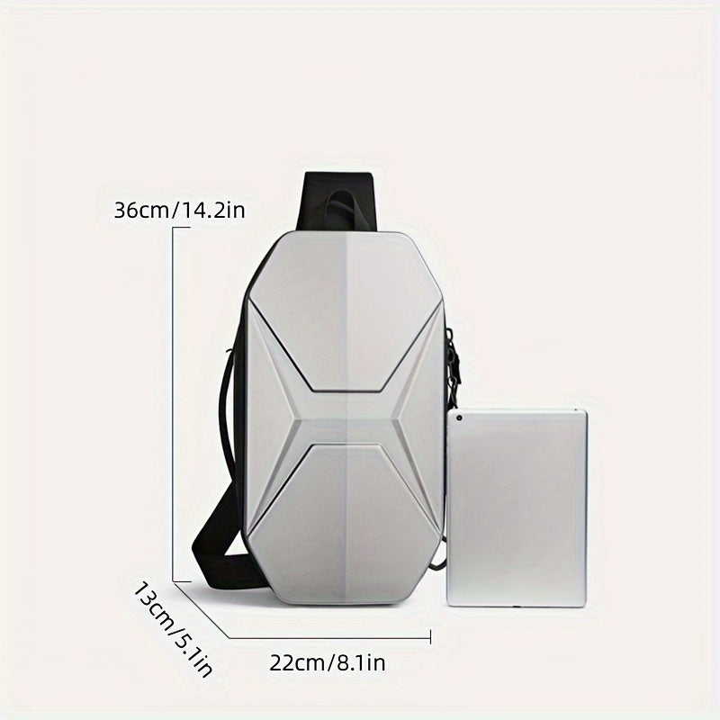 Zaino antifurto grigio, design geometrico, dimensioni 36x22x13 cm, con tasca per tablet. Ideale per viaggi e lavoro, stile moderno e sicuro.