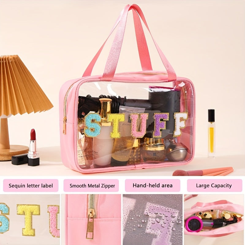Borsa da trucco trasparente rosa con etichetta "STUFF" in paillettes, cerniera metallica liscia, manico, grande capacità. Accessori cosmetici inclusi.