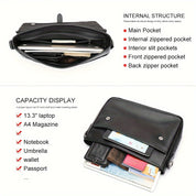 Borsa a tracolla in pelle nera con tasche multiple, adatta per laptop 13,3", riviste A4, notebook, ombrello, portafoglio e passaporto.