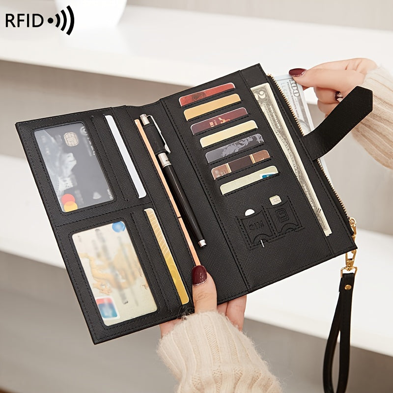 Portafoglio nero in pelle con protezione RFID, scomparti per carte di credito, banconote e penna. Design elegante e funzionale per uomo e donna.
