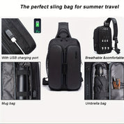 Zaino a tracolla nero per viaggi estivi, con porta USB, tasca per borraccia, scomparto per ombrello, design traspirante e confortevole.