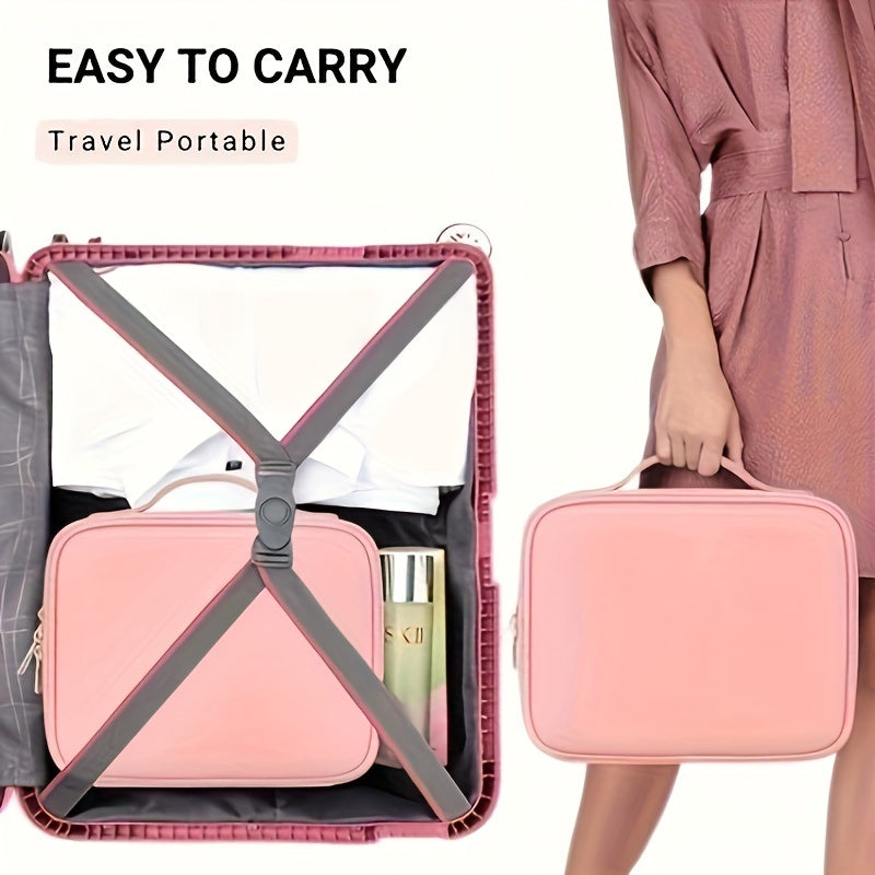 Valigia rosa compatta da viaggio, facile da trasportare, con cinghie di sicurezza. Ideale per organizzare vestiti e accessori.