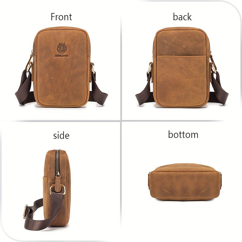Borsa a tracolla in pelle marrone, vista frontale, posteriore, laterale e inferiore. Design elegante, tracolla regolabile, ideale per uomo e donna.