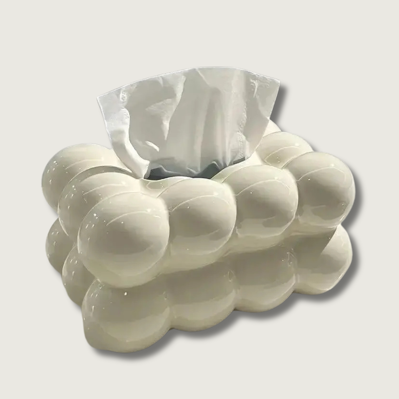 Porta fazzoletti in ceramica bianca a forma di nuvola, design moderno, ideale per bagno o soggiorno. Accessorio decorativo elegante e funzionale.