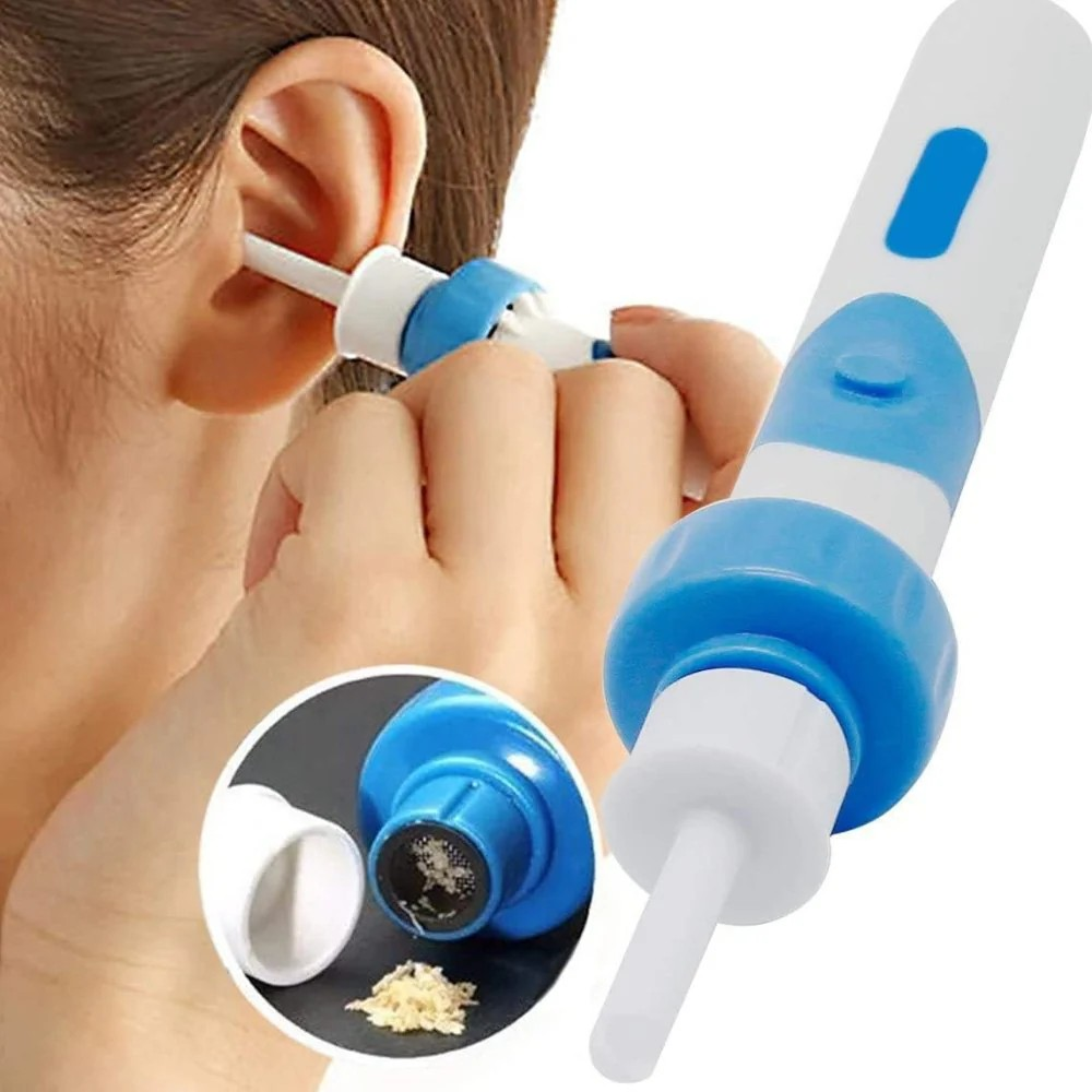 Dispositivo per pulizia orecchie, aspiratore cerume elettrico, design ergonomico, colore bianco e blu, sicuro e facile da usare per igiene personale.