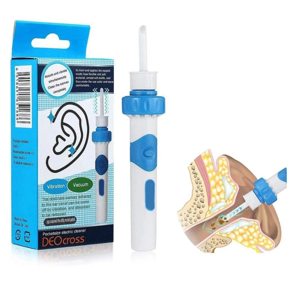 Pulitore auricolare elettrico DEOcross, dispositivo per la pulizia dell'orecchio con vibrazione e aspirazione, confezione blu e bianca, illustrazione anatomica.