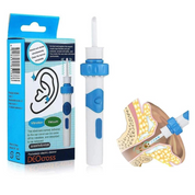 Pulitore auricolare elettrico DEOcross, dispositivo per la pulizia dell'orecchio con vibrazione e aspirazione, confezione blu e bianca, illustrazione anatomica.