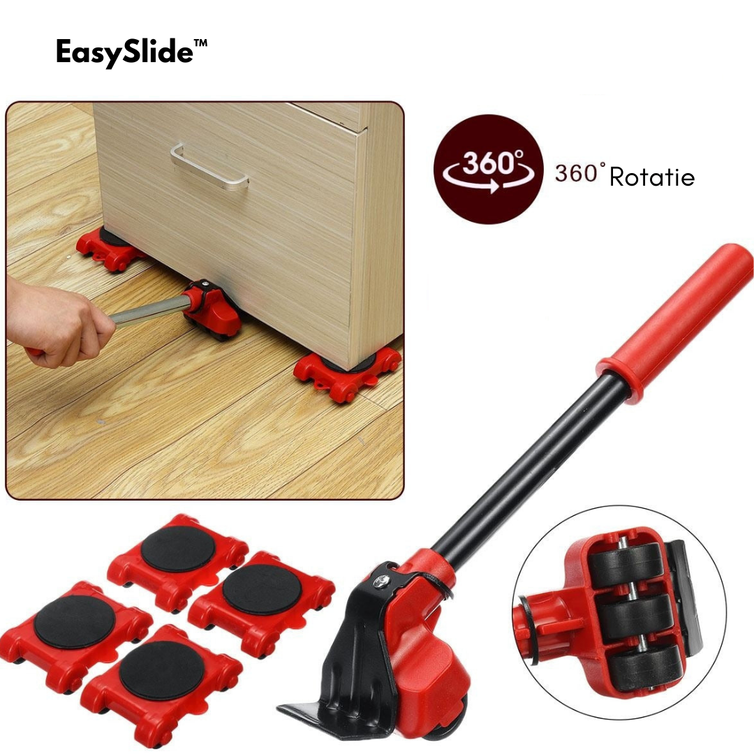 Set di sollevatori mobili EasySlide, rosso e nero, per spostare mobili pesanti. Include leva e quattro basi rotanti a 360 gradi. Ideale per pavimenti in legno.