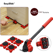 Set di sollevatori mobili EasySlide, rosso e nero, per spostare mobili pesanti. Include leva e quattro basi rotanti a 360 gradi. Ideale per pavimenti in legno.