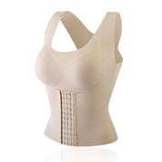 Corsetto modellante beige da donna con chiusura a gancetti, design senza maniche, supporto busto e schiena, ideale per snellire la silhouette.