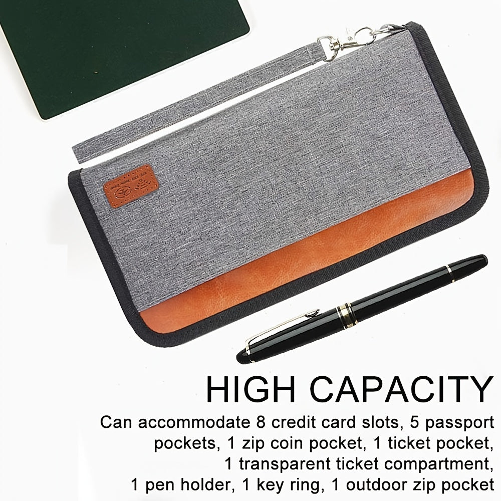 Portafoglio da viaggio grigio e marrone con zip, 8 slot per carte, 5 tasche passaporto, portamonete, scomparto biglietti, portapenne, anello chiavi.