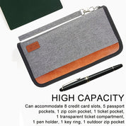 Portafoglio da viaggio grigio e marrone con zip, 8 slot per carte, 5 tasche passaporto, portamonete, scomparto biglietti, portapenne, anello chiavi.