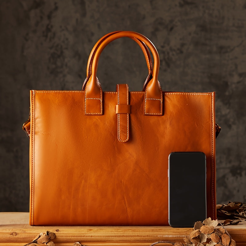 Borsa in pelle marrone con manici, design elegante, accanto a uno smartphone nero. Accessorio moda donna, stile classico e raffinato.