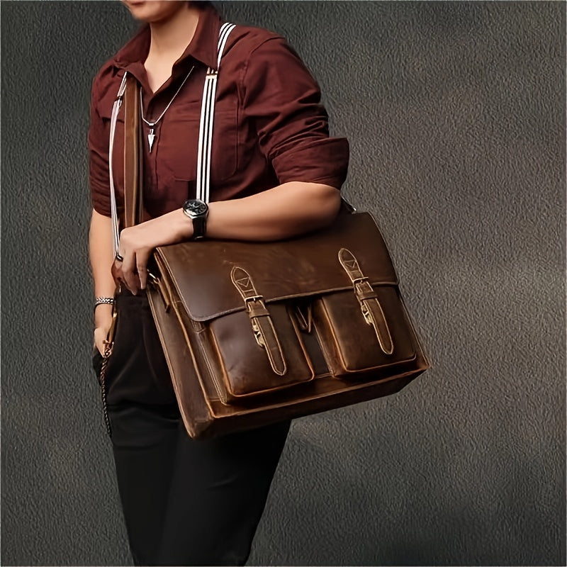 Borsa a tracolla in pelle marrone, design vintage, con fibbie e tasche frontali, indossata da persona con camicia bordeaux e pantaloni neri.