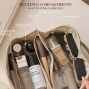 Borsa cosmetica beige con scomparti multipli, contenente trucco, pennelli, matita per sopracciglia, prodotti per la cura della pelle e fondotinta.