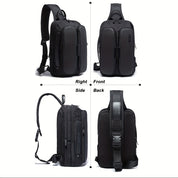 Zaino nero multifunzione in pelle, vista frontale, laterale e posteriore. Design moderno, tasche multiple, ideale per lavoro e viaggio.