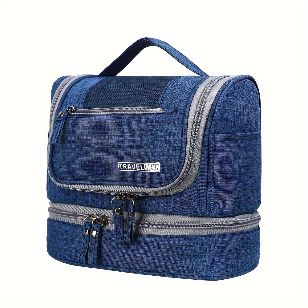 Borsa da viaggio blu con manico, tasche multiple e cerniere, ideale per organizzare articoli da toeletta. Design compatto e resistente.