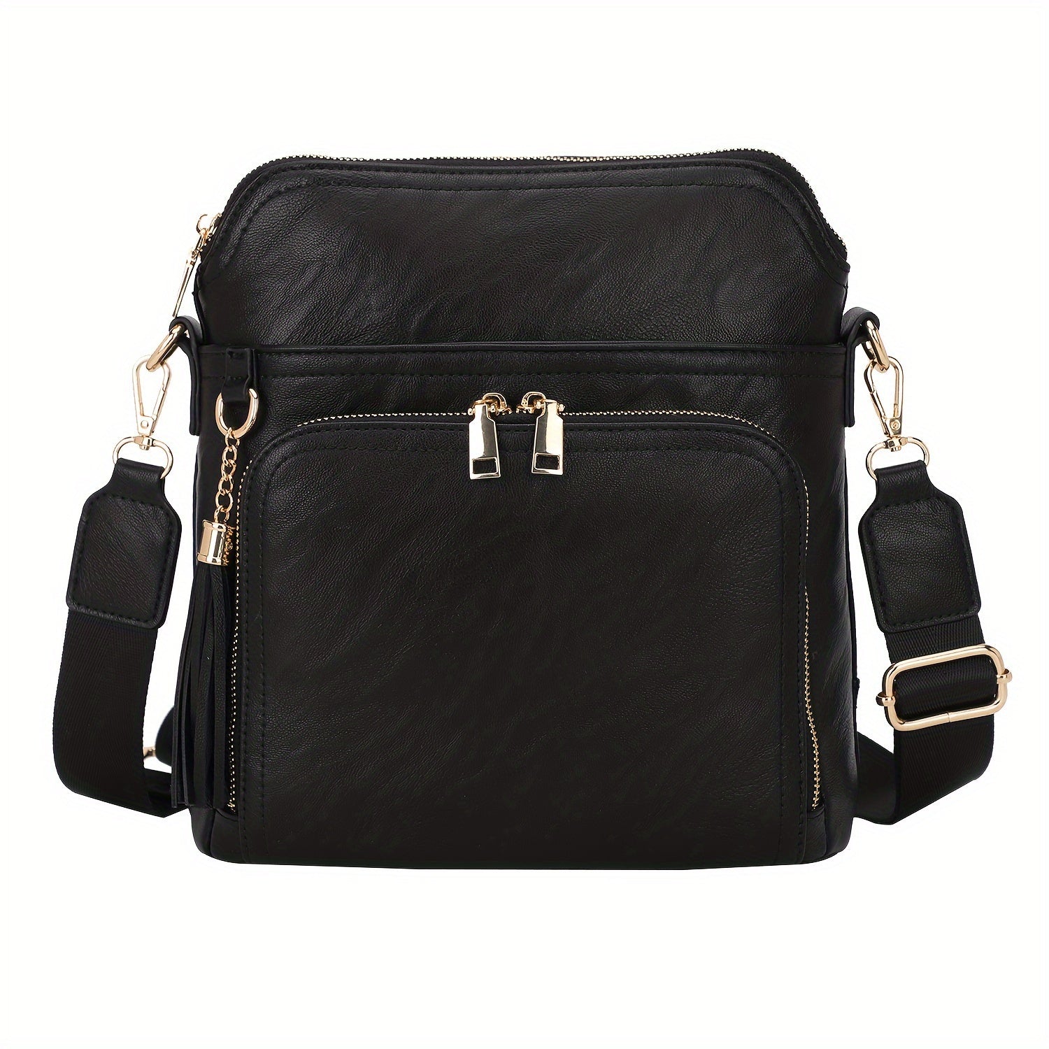 Borsa a tracolla nera in pelle sintetica con cerniere dorate, tasca frontale e tracolla regolabile. Elegante e pratica per uso quotidiano.