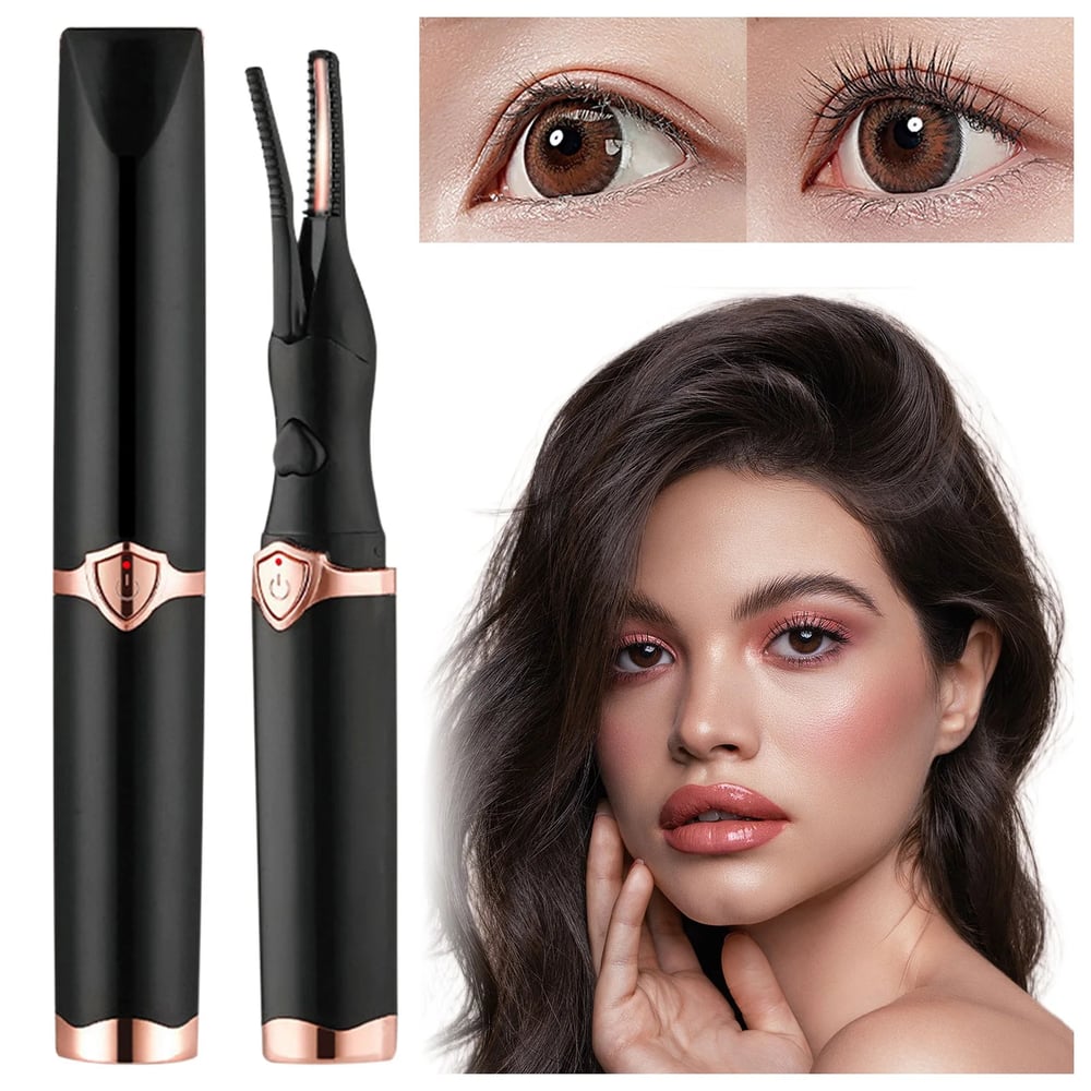 Arricciaciglia elettrico nero con dettagli oro rosa, confronto ciglia prima e dopo, donna con trucco naturale. Accessorio bellezza occhi.