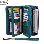 Portafoglio donna in pelle verde con protezione RFID, scomparti multipli per carte di credito, banconote e monete. Design elegante e funzionale.