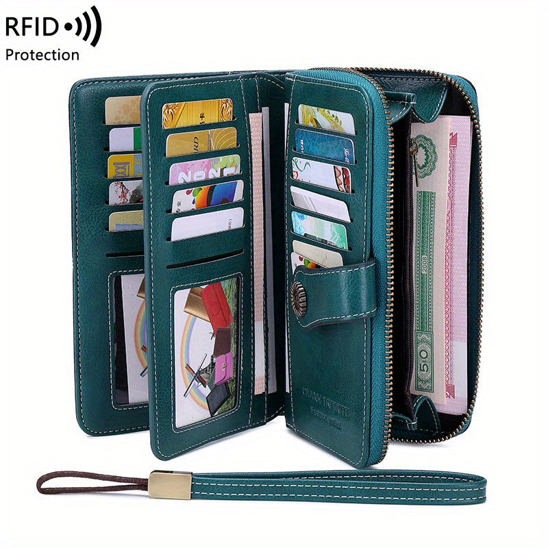 Portafoglio donna in pelle verde con protezione RFID, scomparti multipli per carte di credito, banconote e monete. Design elegante e funzionale.