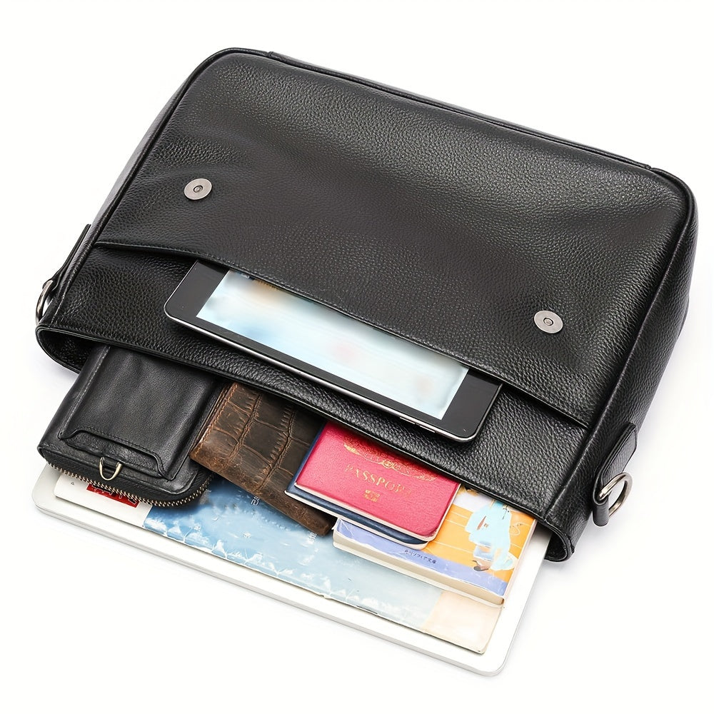 Borsa a tracolla in pelle nera con tasche multiple, contenente tablet, passaporto, portafoglio e documenti. Accessorio elegante e funzionale.