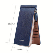 Portafoglio donna in pelle blu, design verticale, con zip e scomparti per carte. Dimensioni: 20x10 cm. Elegante e funzionale.