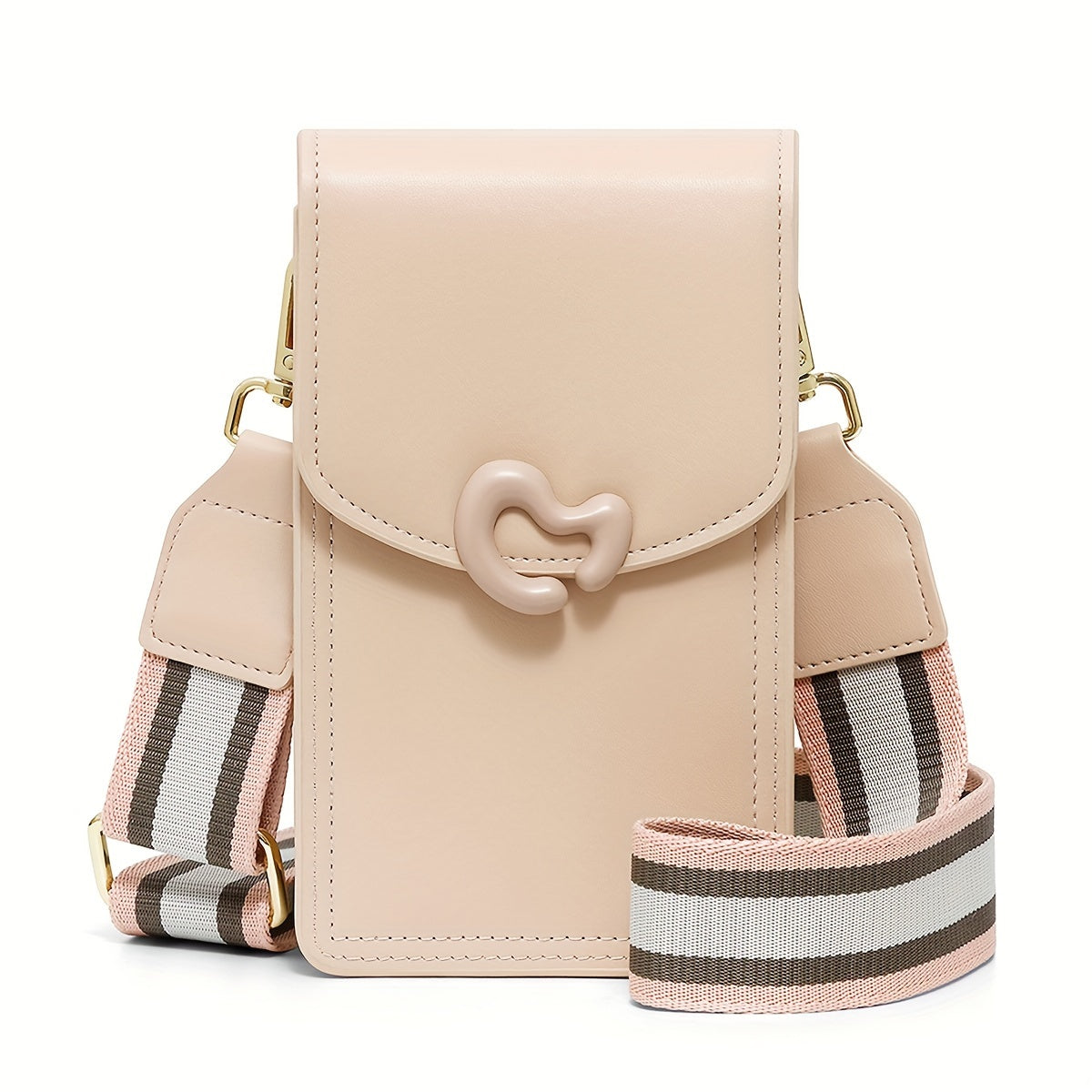 Borsa a tracolla beige in pelle con chiusura decorativa, cinturino regolabile a righe rosa e grigie. Accessorio moda elegante e funzionale.