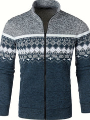Giacca invernale uomo, zip frontale, motivo nordico, colori grigio e blu, tessuto caldo e morbido, ideale per moda casual e outdoor.
