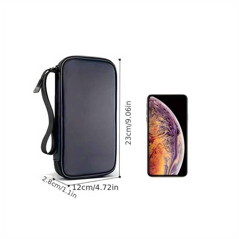 Custodia impermeabile nera per smartphone, dimensioni 23x12x2,8 cm, con cinturino da polso. Ideale per protezione e trasporto sicuro del telefono.