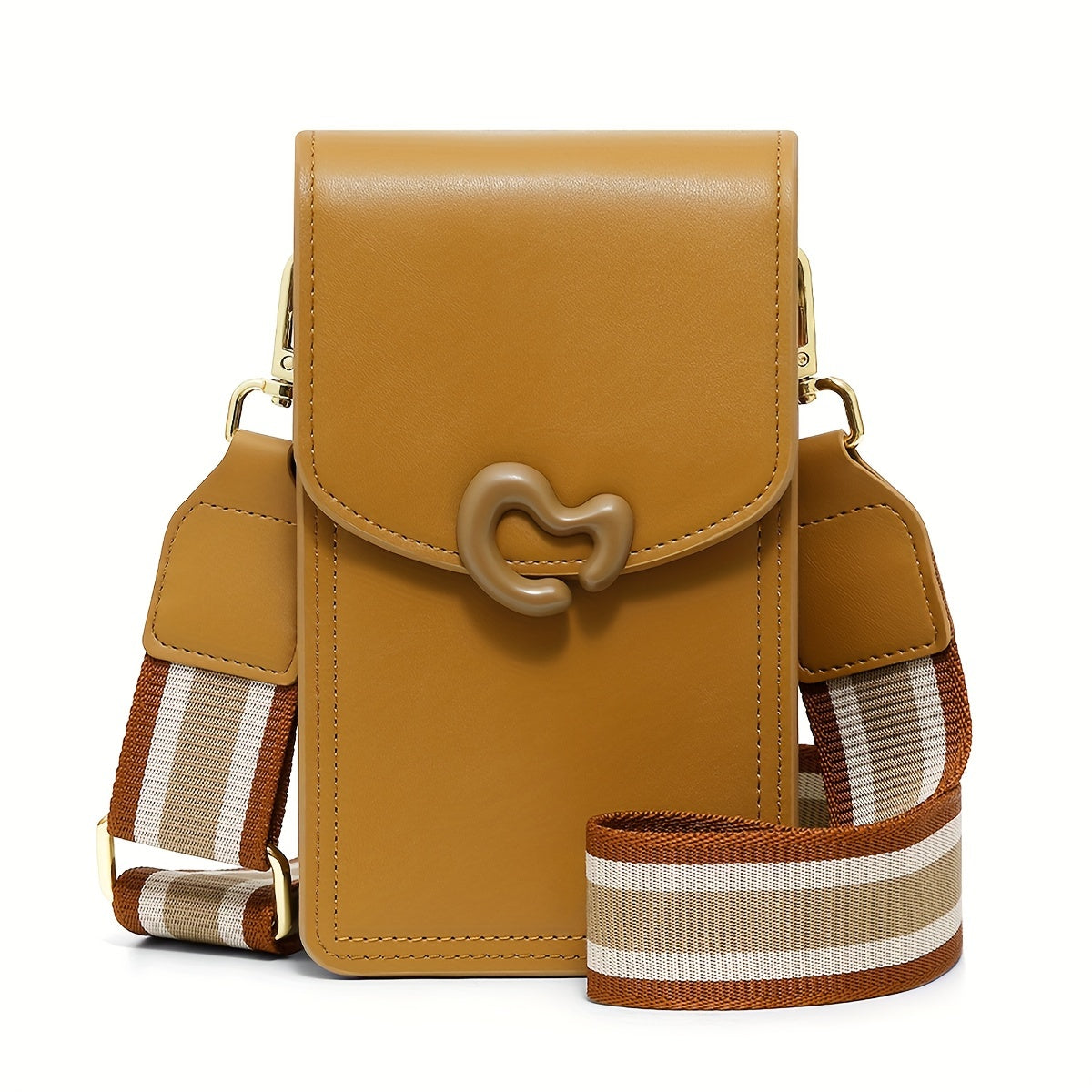 Borsa a tracolla in pelle marrone chiaro con chiusura a forma di C, cinturino regolabile a righe marroni e bianche. Accessorio moda elegante e pratico.