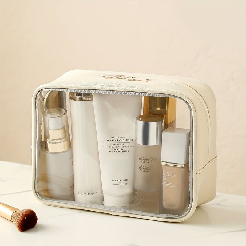 Beauty case trasparente con prodotti skincare, include flaconi e tubetti. Ideale per viaggi, organizzazione cosmetici, accessori trucco.