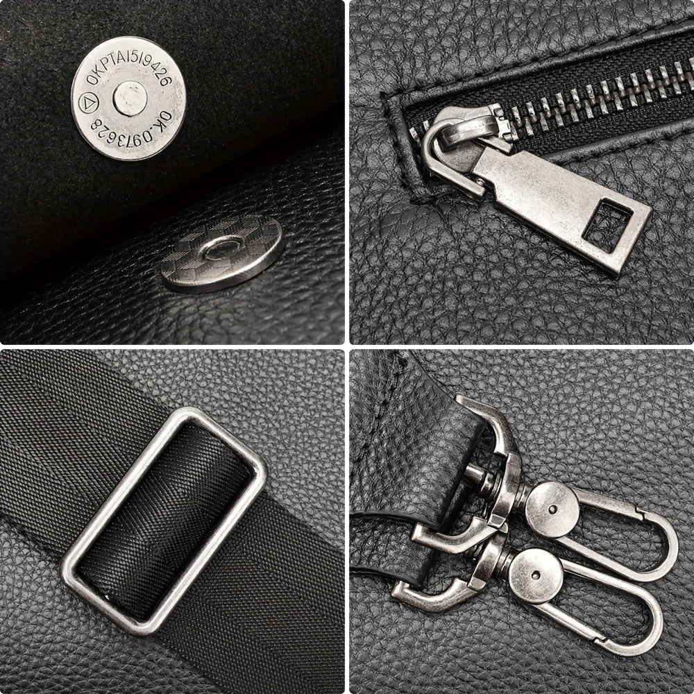 Dettagli borsa in pelle nera: chiusura magnetica, cerniera in metallo, fibbia regolabile, ganci robusti. Accessori moda eleganti e funzionali.