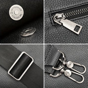 Dettagli borsa in pelle nera: chiusura magnetica, cerniera in metallo, fibbia regolabile, ganci robusti. Accessori moda eleganti e funzionali.