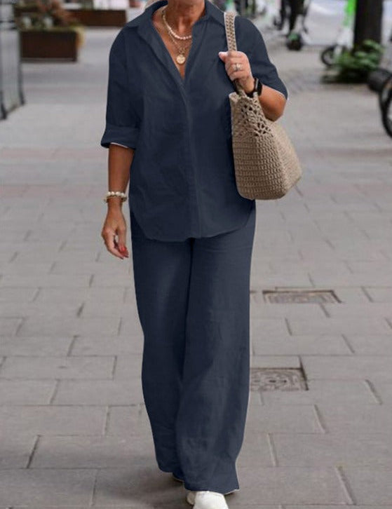Livia - Elegantissimo Completo in Cotone: Camicia e Pantaloni Abbinati!